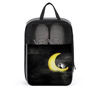 Black White of Night Sky with Cat on The Moon Shoe Bag with Zipper & Handle, Waterproof Breathable Portable