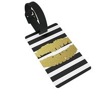 Black White Stripes Golden Lips Pattern Impresión digital 2 piezas Etiquetas de equipaje, cubierta de privacidad ID Label Loop y tarjeta de dirección para bolsa de viaje Maleta