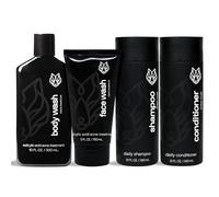 Black Wolf Nation - Paquete de ducha para piel grasa - Incluye nuestro lavado corporal de carbón activado, lavado facial de carbón, exfoliante exfoliante de bambú y un humectante gratuito incluido.