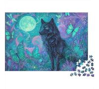 Black Wolf, Neon Green Butterfly Under Full Moon Rompecabezas para Adultos || De Diversión Familiar 1000pcs (75x50cm)