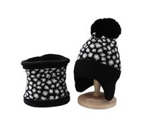 (Black) Women Knit Hat and Scarf Winter Leopard Warm Print Fashion Pompom Ball Hat Ear for Protection Supplies for Outdoor Sport White