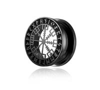 BlackAmazement Dilatador de acero inoxidable 316L para oreja, piercing Vegvisir Aegishjalmur Aegishjalmr Aegishjalmr Vikingo, símbolo de terror, casco de terror, runas círculo negro y plateado,