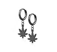 BlackAmazement Juego de 2 pendientes de aro de acero inoxidable 316L, 2,5 mm de ancho, cadena de hojas de cáñamo, pendientes de hoja de marihuana, color negro, plata, rosa, oro, punk, hombre y mujer,