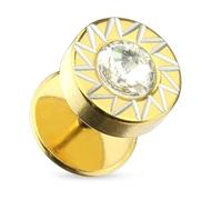 BlackAmazement Piercing falso dilatador con circonita, circonita, sol, estrella, círculo, negro y dorado, Acero inoxidable, Circonia cúbica