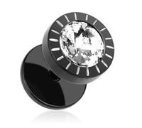 BlackAmazement Piercing falso dilatador con circonita, circonita, sol, estrella, círculo, negro y dorado, Acero inoxidable, Circonia cúbica