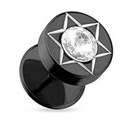 BlackAmazement Piercing falso dilatador con circonita, circonita, sol, estrella, círculo, negro y dorado, Acero inoxidable, Circonia cúbica