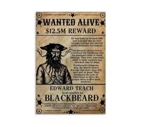 Blackbeard Pirate Poster - Classic Wanted Poster Art Print on Canvas, Unique Wall Decor for Man Cave Bedroom Bar Home(Framed,12X18inch(30X45cm))
