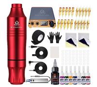 Blackbudda Maquina de Tatuar, Kit de máquina de tatuaje rotativa estilo pluma con suministro de energía, pedal y pigmento, 20pcs agujas de cartucho Kit de práctica de maquillaje (rojo)