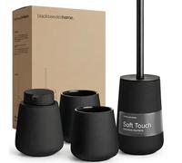 blackswedenhome. Set de Accesorios Baño - Dispensador jabon baño, 2 Vasos, Escobilla de Baño - Cerámica, Revestimiento Negro Mate, Diseño Nórdico - Decoración Baño