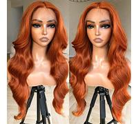 BlackSwern de jengibre Peluca delantera de encaje de onda corporal naranja, peluca de encaje sin pegamento, peluca de onda corporal pre-plumada y pre-capa con flequillo de cortina para mujeres negras