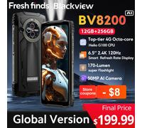 Blackview BV8200 Rugged phone 6.5» 2.4K 120Hz Display Helio G100 12GB 256GB NFC Flashlight Android 14 CellPhone Black