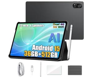 Blackview Mega 8 Tableta 13 Pulgadas Android 15, 36GB+512GB/TF 2TB Tableta Táctil, Altavoces Quad-Box, 2K FHD+, 4G LTE WiFi 5G, 50MP+13MP, 11000mAh, Modo PC, OTG, Funda + Lápiz Inteligente, Negro