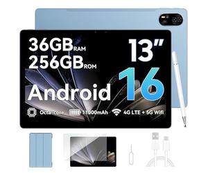 Blackview MEGA8 Tablet 13 Pulgadas Android 16, 36GB RAM + 256GB ROM, Pantalla 2K FHD de 90Hz, 4G LTE + WiFi 5G, Tablet Gaming Octa-Core T620, Cámara Dual AI 50MP + 13MP, Batería 11000mAh, Face ID