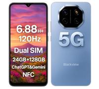 Blackview Shark 6 5G Teléfono Inteligente con IA, 24GB+128GB, Pantalla 6.88" HD+ 120Hz, 3 Asistentes IA Integrados, Cámara 16MP+8MP, Dual 5G Dual SIM, Android 15 Smartphone Móvil Libre, NFC, Azul