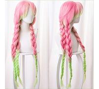 Blade of Demon Slayer Kanroji Mitsuri Cosplay Peluca Kimetsu no Yaiba Long Ponytail Gradient Rosa Verde Tres trenzas Cabello + Peluca Cap