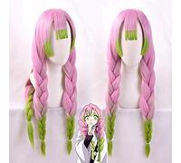 Blade of Demon Slayer Kanroji Mitsuri Cosplay Wig Gradient Color Hair Kimetsu no Yaiba Pink Mixed Green Braided Wigs + Wig Cap