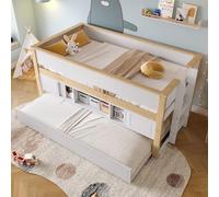 Bladez Cama infantil de 90 x 200 cm, color blanco, con cama nido y espacio de almacenamiento, cama de media altura con cajones, litera, barandilla de seguridad de madera maciza, sin colchón