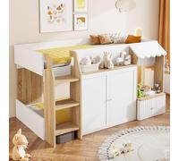 Bladez Cama infantil de madera maciza, 90 x 200 cm, cama alta media con escalera y espacio de almacenamiento abierto, litera con marco de techo, ahorra espacio, cama alta de madera sin colchón (blanco