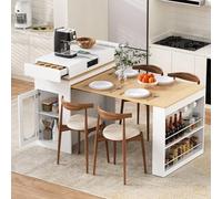 Bladez Isla de cocina con ruedas, mesa de comedor extensible con tablero plegable, mesa de bar con cajones de almacenamiento y regletas, aparador para cocina comedor (blanco-E)