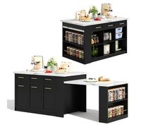 Bladez Isla de cocina multifuncional, cocina de 150 cm con encimera de mármol blanco, mesa de comedor extensible, 3 cajones, armarios de almacenamiento, diseño moderno para cocina familiar (negro +