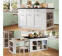 Bladez Isla de cocina multifuncional con mesa de comedor extensible, 150 cm+96 cm, tablero de madera MDF, con cajones y compartimentos de almacenamiento, para cocina y comedor (mármol blanco y negro)