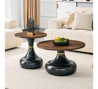 Bladez Juego de 2 mesas de café de Hourglass Nesting, mesas redondas de extremo moderno con tapa de grano de madera de nogal y base de metal negro, anillo de acento dorado, para apartamento de oficina