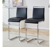 Bladez Juego de 2 taburetes de bar de piel sintética con respaldo, estilo nórdico, patas de metal y reposapiés, altura del asiento 63,5 cm, para cocina, bar, comedor y restaurante (2, negro y plateado