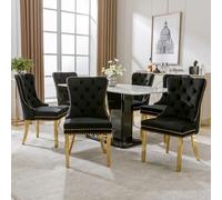 Bladez Juego de 6 sillas de comedor de lujo, tapizadas de terciopelo, con adornos de cabeza de clavo, patas de acero inoxidable doradas y anillo decorativo para la puerta trasera, silla de cocina