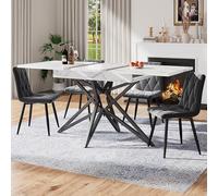 Bladez Juego de mesa de comedor extensible con 4 sillas de terciopelo, mesa de comedor rectangular, 120-160 cm, mesa de madera moderna y sencilla para 4-6 personas, para comedor (mármol blanco)