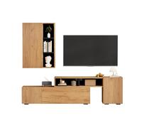 Bladez Juego de pared para TV con vitrina y estante de pie, color madera y negro, mueble de TV de hasta 265 cm de largo, para TV de hasta 120 pulgadas, de pie y colgante
