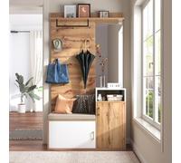 Bladez Juego de perchero con banco y aparador, combinación moderna de almacenamiento para pasillo, roble gris claro, zapatero con asiento acolchado, patas de metal, para entrada y dormitorio (blanco +