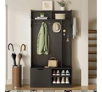 Bladez Juego de perchero para pasillo con asiento, zapatero, 6 ganchos, tablero de ranuras, color negro, construcción antivuelco, para pasillo y entrada, 100 x 185,5 x 40 cm (negro + tablero de