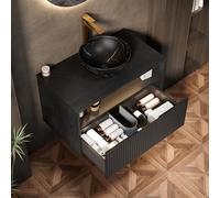 Bladez Lavabo colgante de 80 cm con iluminación LED y lavabo de cerámica, armario de baño con cajón y estante, superficie de patrón de piedra, lavabo con armario bajo (negro, 80 cm)