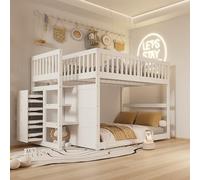 Bladez Litera baja blanca, cama de seguridad de 140 x 200 cm, con 4 cajones y escaleras, barandilla de alta seguridad, cuna de madera maciza (blanco + madera, 140 x 200)