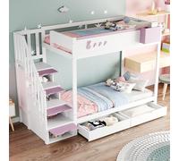 Bladez Litera infantil con diseño de conejo, 90 x 200 cm, color blanco y azul, cama doble con escalera de seguridad, cajones para almacenamiento, para habitación de hermanos, color blanco, rosa y