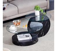 Bladez Mesa de Centro 2 Niveles de Vidrio de Seguridad. Mesa de salón con Vidrio de Seguridad y MDF con lámina Efecto mármol Negro. Mesa de Centro Redonda,90 x 70 x 44 cm.