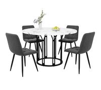 Bladez Mesa de comedor redonda con 4 sillas, 100 cm, mesa de cocina moderna y sencilla para 4 personas, mesa de madera con estampado de mármol blanco, silla de comedor tapizada de lino, 4 unidades