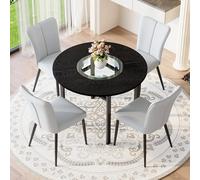 Bladez Moderno juego de comedor de 5 piezas, mesa de comedor redonda de 100 cm, color negro con cristal y 4 sillas de comedor de poliuretano, juego de mesa de comedor con sillas para cocina, salón