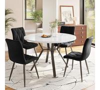 Bladez Moderno juego de mesa de comedor y silla redonda de 5 piezas, con mesa de comedor de 100 x 100 cm y 4 sillas de ante, tablero de madera de mármol blanco y estructura de hierro, juego de comedor