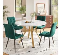 Bladez Moderno juego de mesa de comedor y silla redonda de 5 piezas, con mesa de comedor de 100 x 100 cm y 4 sillas de ante, tablero de madera de mármol blanco y estructura de hierro, juego de comedor