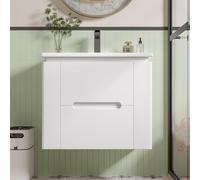 Bladez Moderno mueble de baño colgante con sensor LED y estantes laterales, 61 cm, color blanco, para colgar en la pared, lavabo con lavabo de cerámica integrado, 2 cajones y sensor de radar LED