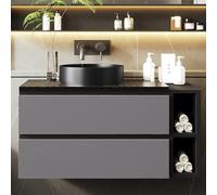 Bladez Mueble bajo lavabo moderno, 80 cm, negro y gris, colgante, con lavabo redondo de cerámica, placa de mármol, 2 cajones, sin mango