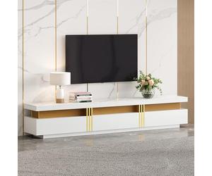 Bladez Mueble para TV con aspecto de mármol, 200 cm de ancho, para televisores de hasta 90 pulgadas, 3 cajones, gestión de cables de 200 x 40 x 42 (1, blanco)