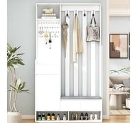 Bladez Perchero de pasillo con banco acolchado y tablero de conexiones, zapatero multifuncional con 4 ganchos, cajón y seguro antivuelco, juego de perchero 100 x 35 x 180 cm en blanco (blanco +