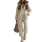 Blanca,M,Mono de Forro Polar para Mujer, otoño Invierno, Informal, Holgado, cálido, con Capucha, Cremallera Completa, Mono de Pierna Recta con Pelo
