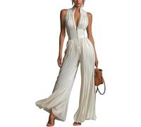 ,Blanca,M,Mono de Pierna Ancha con Cuello Alto, Sexy, con Cuello Colgante, sin Mangas, de Cintura Alta, Casual, con Pliegues, Mono para IR al Trabajo