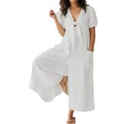 ,Blanca,XXL,Mono de Mezclilla para Mujer con Mangas abullonadas, Lazo Frontal y Pierna Ancha, una Pieza para Estilo Casual de Verano