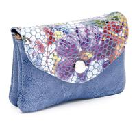 Blanck Monedero Tarjetero Piel Fuelle Solapa Vidriera Azul Mujer. Cierre Estampado con Broche y Cremallera Interior. Tres Compartimentos. Medidas 11 x 8,5 x 2,5 cm y 63 gr. Fabricado en España.