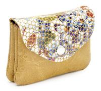 Blanck Monedero Tarjetero Piel Fuelle Solapa Vidriera Mostaza Mujer. Cierre Estampado con Broche y Cremallera Interior. Tres Compartimentos. Medidas 11 x 8,5 x 2,5 cm y 63 gr. Fabricado en España.