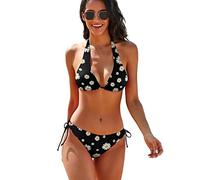 Blanco Amarillo Margarita Flor Negro Patrón Bikini De Mujer Conjuntos Sexy Traje De Baño De 2 Piezas Trajes De Baño